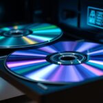 Két DVD a meghajtóban, színes fényekkel tükröződik.