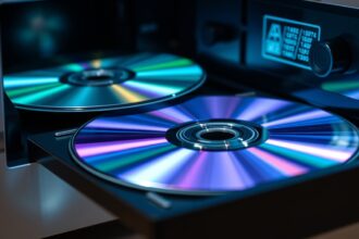 Két DVD a meghajtóban, színes fényekkel tükröződik.