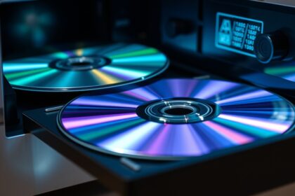 Két DVD a meghajtóban, színes fényekkel tükröződik.