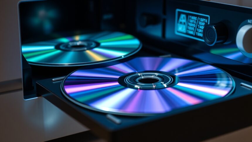 Két DVD a meghajtóban, színes fényekkel tükröződik.