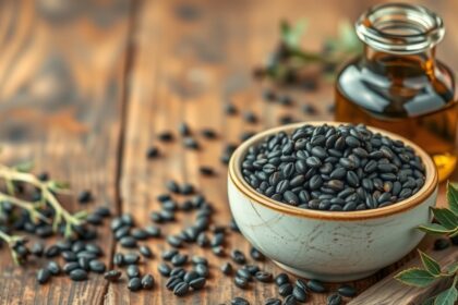 Feketekömény magok és olaj tálban, természetes gyógymódokhoz.