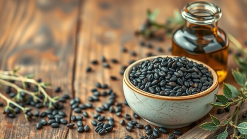Feketekömény magok és olaj tálban, természetes gyógymódokhoz.