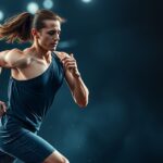 Futó nő izmos karokkal és modern felszerelésben