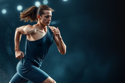 Futó nő izmos karokkal és modern felszerelésben