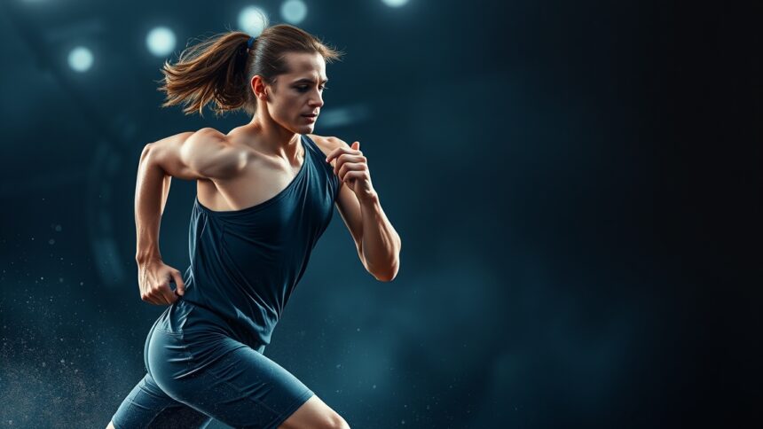 Futó nő izmos karokkal és modern felszerelésben