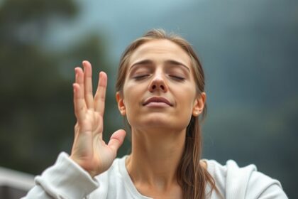 Egy nő relaxál és kopogtatással csökkenti a stresszt