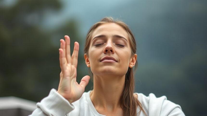 Egy nő relaxál és kopogtatással csökkenti a stresszt