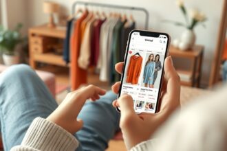 Felhasználó a Vinted mobilalkalmazáson ruhákat böngész