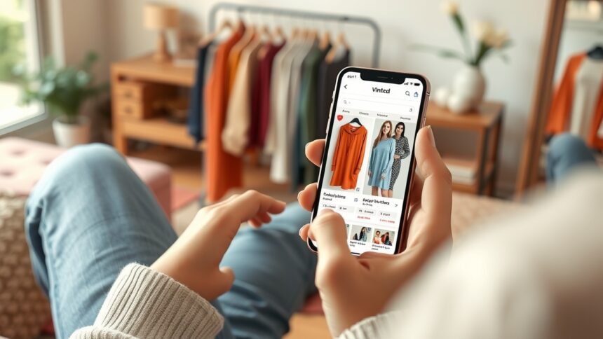 Felhasználó a Vinted mobilalkalmazáson ruhákat böngész