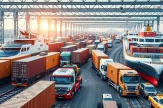 Kombinált fuvarozás logisztikai központ képe rakományokkal