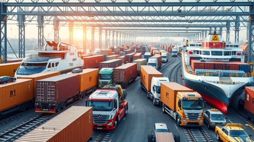 Kombinált fuvarozás logisztikai központ képe rakományokkal