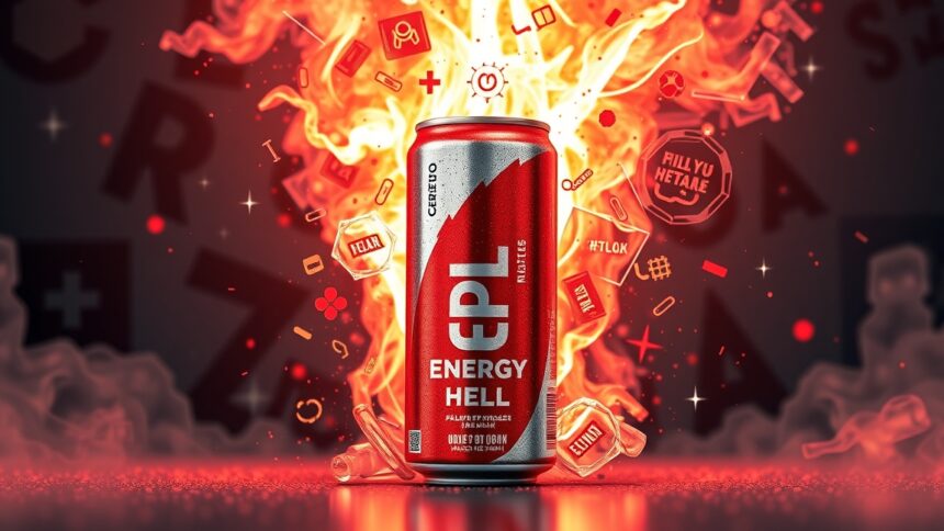 Hell energiaital doboz lángok között, energiaital hatások