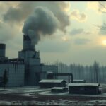 Csernobili atomerőmű füstölgő kéményekkel, szürke tájjal