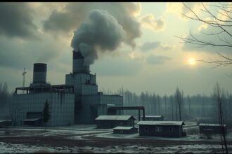 Csernobili atomerőmű füstölgő kéményekkel, szürke tájjal