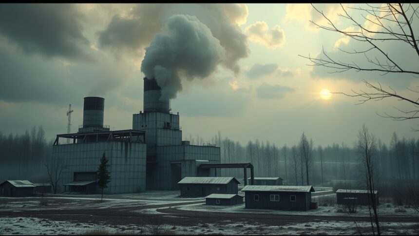 Csernobili atomerőmű füstölgő kéményekkel, szürke tájjal