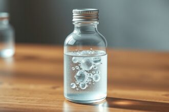 Ezüst kolloid oldat üvegpalackban, buborékokkal.