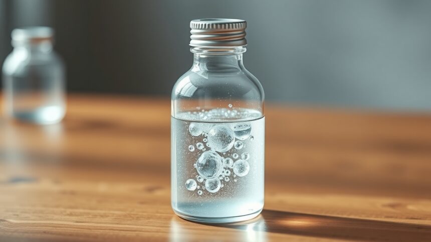 Ezüst kolloid oldat üvegpalackban, buborékokkal.