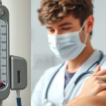 Orvosi műszer hőmérséklet és vérnyomás mérésére, orvossal.