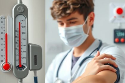 Orvosi műszer hőmérséklet és vérnyomás mérésére, orvossal.