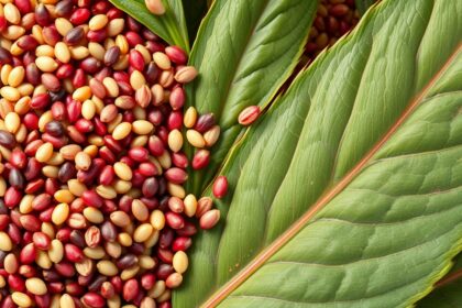 Amaránt (algabona) magvak zöld leveleken, tápanyagban gazdag.