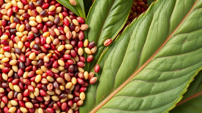 Amaránt (algabona) magvak zöld leveleken, tápanyagban gazdag.