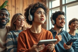 Fiatal felnőttek zenehallgatás közben, érzelmi kifejezések