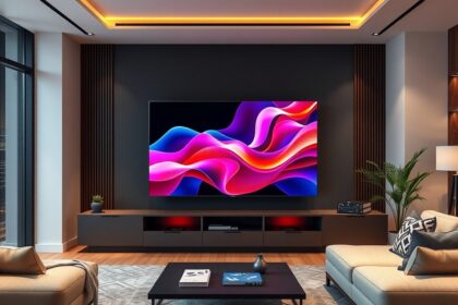 Modern projector TV in a stylish living room with ambient lighting.