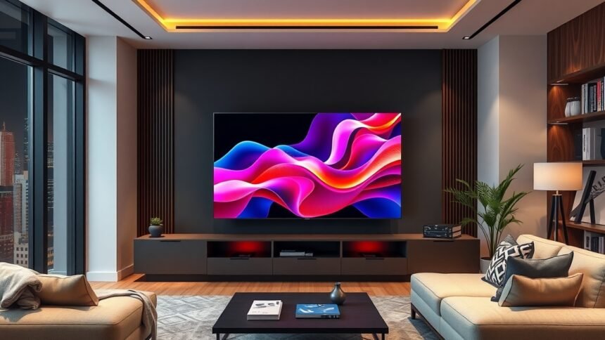Modern projector TV in a stylish living room with ambient lighting.