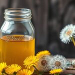 Pitypangszörp üvegben, pitypang virágokkal díszítve.