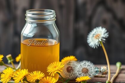 Pitypangszörp üvegben, pitypang virágokkal díszítve.