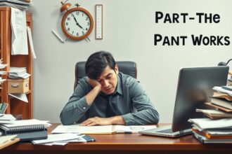 Egy fáradt férfi részmunkaidős munkavégzés közben, asztalon sok irattal.