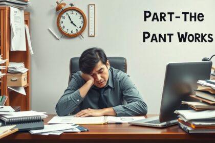 Egy fáradt férfi részmunkaidős munkavégzés közben, asztalon sok irattal.