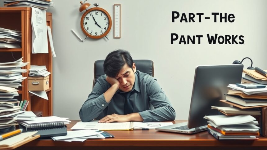 Egy fáradt férfi részmunkaidős munkavégzés közben, asztalon sok irattal.