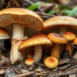 Gombák a természetben, különböző méretű és színű példányok.