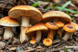 Gombák a természetben, különböző méretű és színű példányok.