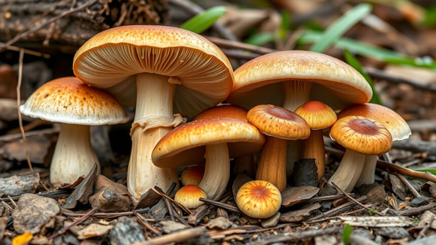 Gombák a természetben, különböző méretű és színű példányok.