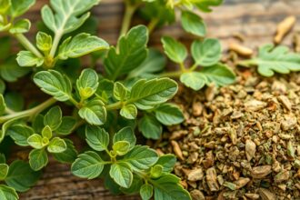 Friss oregánó levelek és szárított oregánó fűszer egy fakanálon.