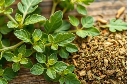 Friss oregánó levelek és szárított oregánó fűszer egy fakanálon.