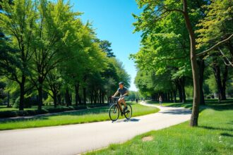 Bicikliző férfi egy zöld fákkal szegélyezett úton
