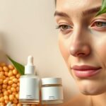 Fiatal nő bőrápolás termékekkel és szója szemmel