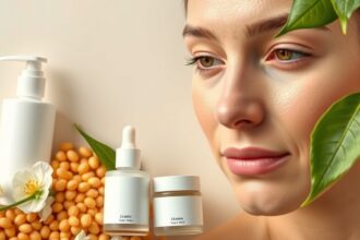 Fiatal nő bőrápolás termékekkel és szója szemmel