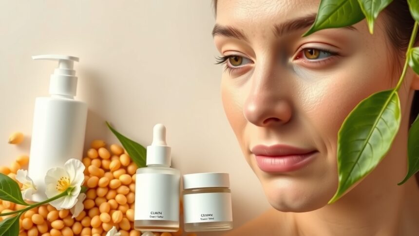 Fiatal nő bőrápolás termékekkel és szója szemmel