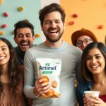 Boldog emberek csoportja Actimel itallal, az immunrendszer támogatásáért.