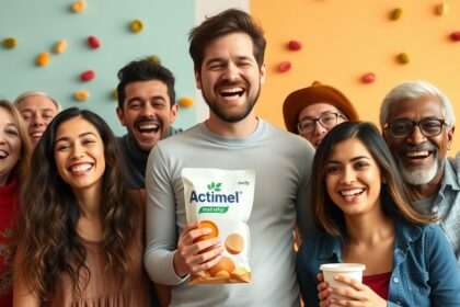 Boldog emberek csoportja Actimel itallal, az immunrendszer támogatásáért.