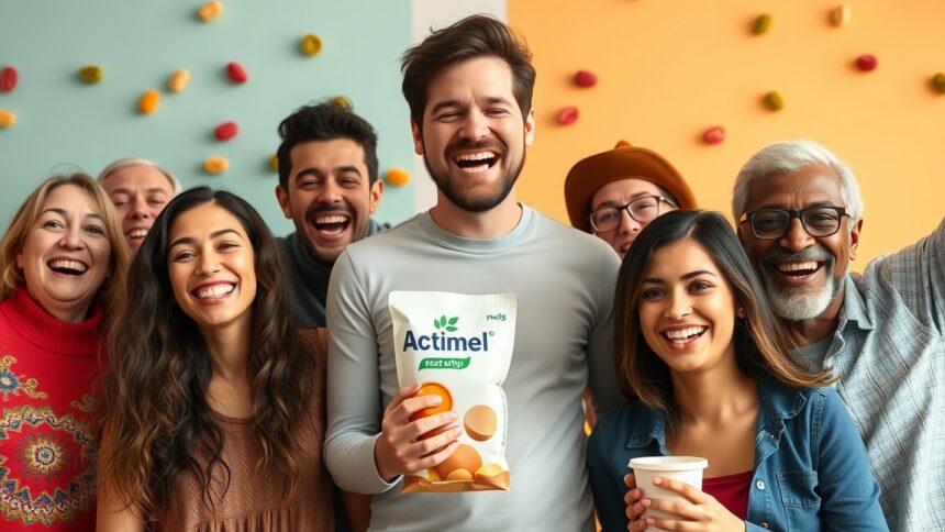 Boldog emberek csoportja Actimel itallal, az immunrendszer támogatásáért.