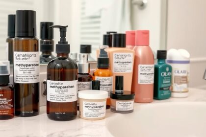Kozmetikai termékek metilparabén tartalommal a fürdőszobában.