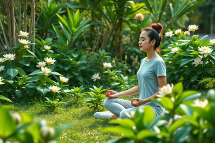 Nő a virágzó keretben meditál, stresszcsökkentés érdekében.