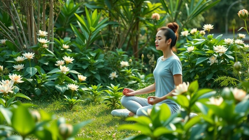 Nő a virágzó keretben meditál, stresszcsökkentés érdekében.