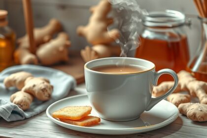 Gőzölgő mézes gyömbéres instant tea citrommal és gyömbérdarabokkal