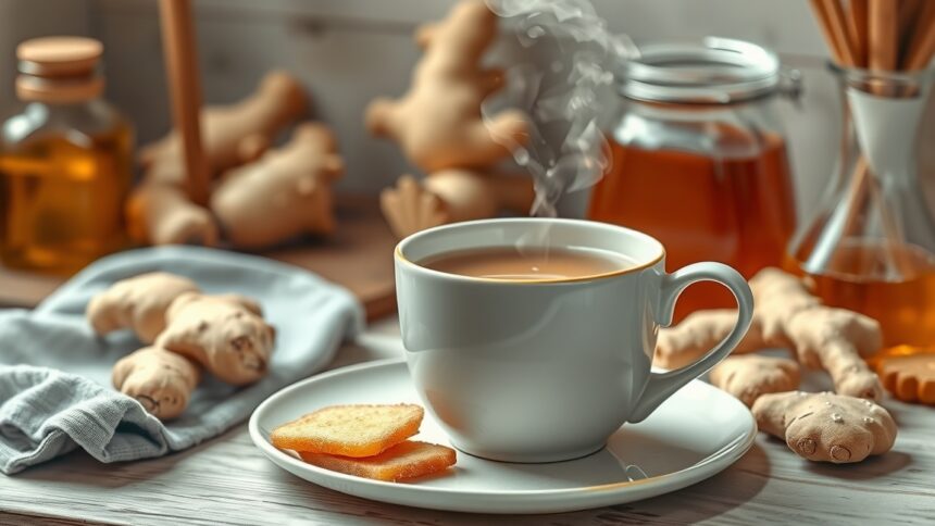 Gőzölgő mézes gyömbéres instant tea citrommal és gyömbérdarabokkal